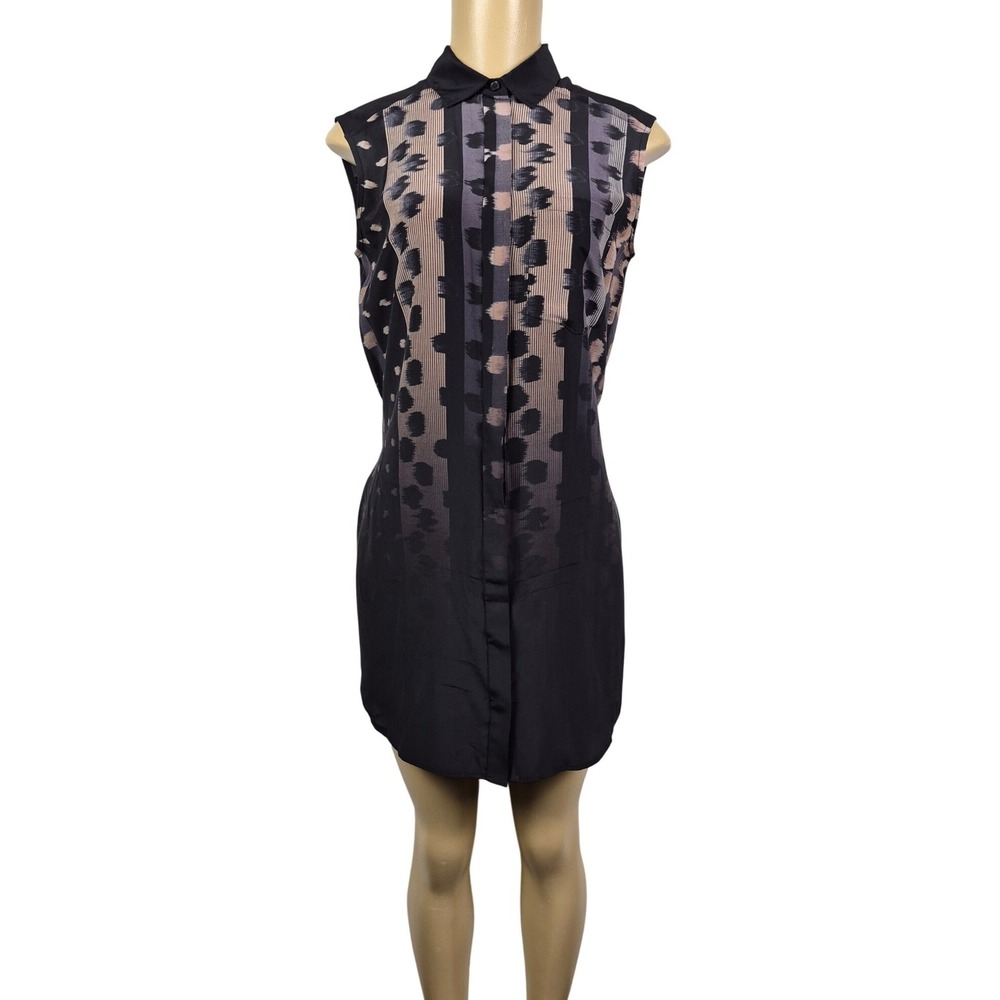 All Saints Sleeveless Hartley Polka Print Mini Silk Shirt Dress Black Grey Sz 0